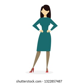 Businesswoman in suit standing. Office worker. Beautiful happy girl. Vector illustration in cartoon style