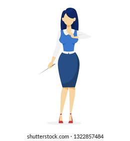 Businesswoman in suit standing with pointer. Office worker. Beautiful happy girl. Vector illustration in cartoon style