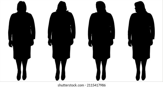 A businesswoman in a suit is standing without movement. Woman in a skirt. Black female silhouettes on a white background. One poses in the body, but the head looks in different directions. Front view