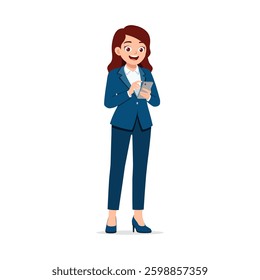 Businesswoman in Suit Using Smartphone with Smiling Expression, Isolated on White Background