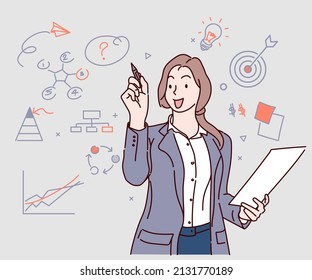 Businesswoman in suit writing or drawing something imaginary idea. Business development concept. Hand drawn in thin line style, vector illustrations.