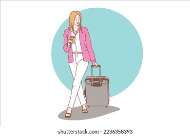 Businesswoman with suitcase and coffee cup walking to airport vector illustration