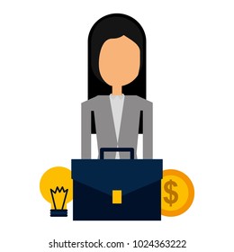 businesswoman suitcase and money bulb light