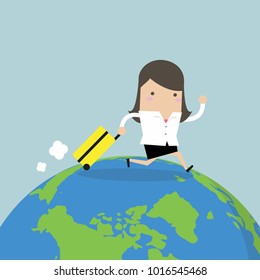 Businesswoman with suitcase walking around the world. vector