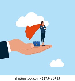 Businesswoman super hero belief in supported hand. Leadership or business growth concept, help to succeed in job. Modern vector illustration in flat style