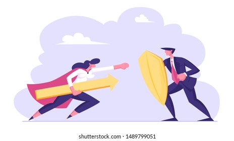 Businesswoman in Super Hero Cloak Holding Huge Arrow Attack Businessman with Shield. Business Protection and Challenge Concept. Manager Employee Characters Fighting. Cartoon Flat Vector Illustration