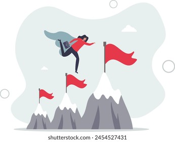 businesswoman super hero fly to mountain summit.flat vector illustration.