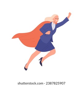 Businesswoman superhero cartoon character in red cape and suit flying launching up isolated on white