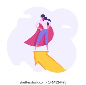 Businesswoman Superhero Character Standing on the Top of Big Arrow. Leadership, Goal Achievement, Business Success Concept. Woman Leader, Winner. Vector flat illustration