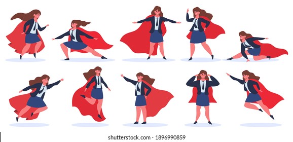 Businesswoman Superhero. Female Superhero Character In Superhero Action Poses In Red Cloak. Super Hero Powerful Lady Vector Illustration Set. Office Manager In Costume, Leadership Concept