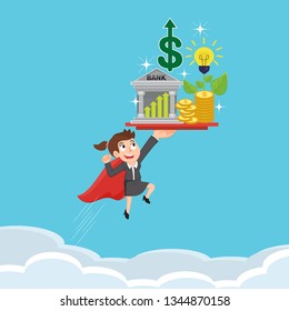 Businesswoman superhero fly up financial, illustration vector cartoon
