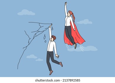 Mujer de negocios como superheroína vuela dejando atrás a un colega masculino. Una empleada como heroína pasa a un hombre, compañeros de trabajo, colgados en el borde del precipicio. Rivalidad y competencia. Ilustración vectorial.