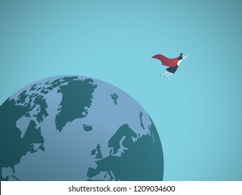 Businesswoman superhero flying around the world vector concept. Symbol of power, leadership, success. Eps10 vector illustration.