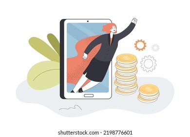 Businesswoman superhero flying from phone screen. Success and financial growth of tiny woman in cape of hero flat vector illustration. Leadership concept for banner, website design or landing web page