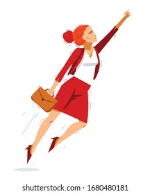 Businesswoman Superhero Flying Up Powerful Vector Illustration, Brave And Powerful Hero Woman In Business Manager Career To Success, Entrepreneur Or CEO.