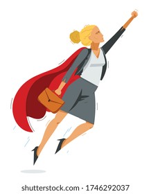 Businesswoman superhero flying up powerful vector illustration, brave and powerful hero woman in business manager career to success, entrepreneur or CEO.