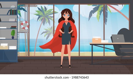Businesswoman superhero girl. Business woman superhero. Vector illustration for web banner, infographic.