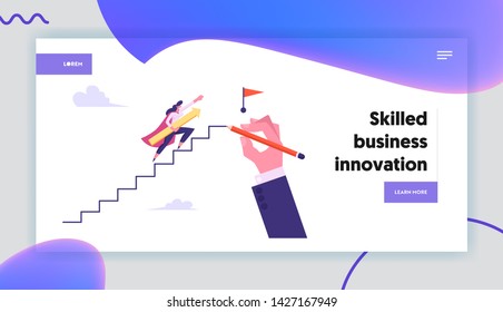 Businesswoman Superhero Running Up Stairway to Top with Red Flag, Business Path to Success, Leadership, Goal Achievement, Website Landing Page, Web Page. Cartoon Flat Vector Illustration, Banner