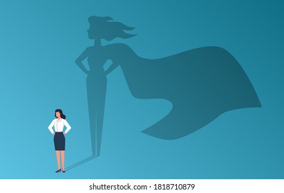 Businesswoman with superhero shadow. Confident strong woman, emancipation and feminism symbol, empower potential, leadership professional ambition and success career, vector flat cartoon concept
