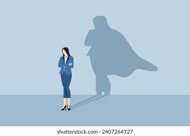 Mujer empresaria con sombra de superhéroe, liderazgo de superhéroe en los negocios, líder exitoso y poderoso, liderazgo seguro, éxito empresarial, ambición o poder, carrera o promoción. vector plano.