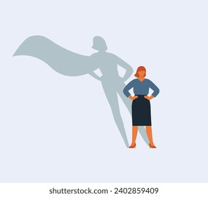 Businesswoman with superhero shadow. Strong, confident and successful business woman. Leadership, courage, power, success vector concept. Female boss 