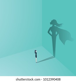 Businesswoman with superhero shadow vector concept. Business symbol of emancipation, ambition, success, motivation, leadership, courage and challenge. Eps10 vector illustration.