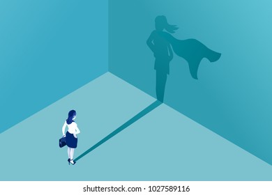 Businesswoman with superhero shadow vector concept. Isometric Eps10 vector illustration. Business symbol of emancipation ambition success motivation leadership courage and challenge.