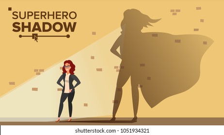 Businesswoman Superhero Shadow Vector. Emancipation, Ambition, Success. Leadership Career Concept. Creative Modern Business Superhero. Women Power. Flat Cartoon Illustration