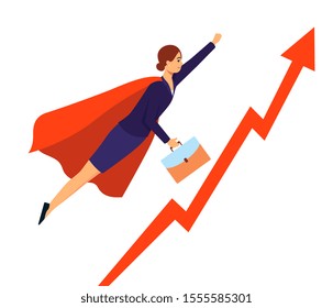 Businesswoman in superhero suit flying to success, red graph with rising arrow and cartoon woman in hero costume. Symbol of career growth, isolated flat vector illustration on white background