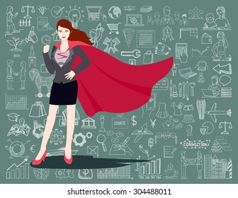 Businesswoman is a Superhero. Super businesswoman proudly standing in front of chalkboard with business doodles background.