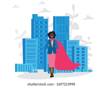 Businesswoman superhero. Vector illustration for web banner, infographics, mobile. Superwoman on the background of smart city