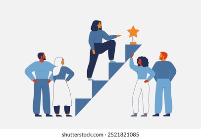 Businesswoman and support of her team. Synergy of leadership and collective effort in the achieving the goal. Personal growth through the help of like-minded people. Vector illustration