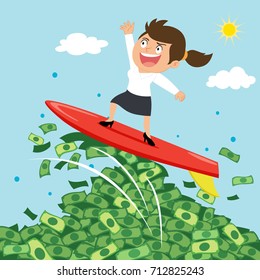 Businesswoman surfing on wave of money, illustration vector cartoon