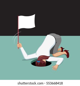 Businesswoman surrender show the white flag give up, vector illustration cartoon