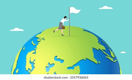 businesswoman surrender while holding a white flagpole on a globe vector illustration suitable to describe giving up on work and business, sad businesswoman