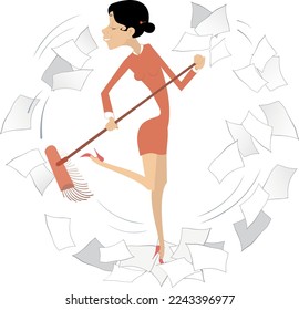 Businesswoman sweeps papers from the office illustration. 
Young woman sweeps papers from the office using a broom. Isolated on white
