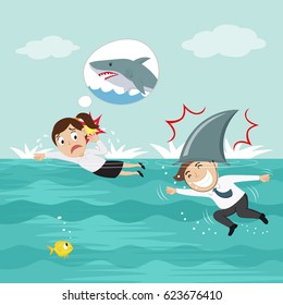 Businesswoman Swimming Avoiding Which Man Shark Fin Costume Attacks, Vector Illustration Cartoon