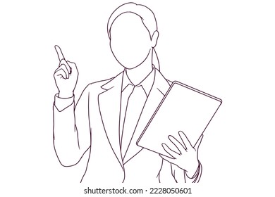 businesswoman with tablet pointing hand drawn style vector illustration