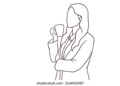 businesswoman take a cup of coffe while standing. hand drawn style vector illustration