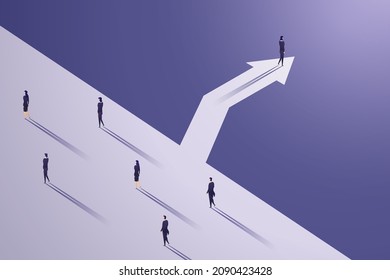Businesswoman take a new path for business opportunities. visionary leadership different business routes, on gray purple background.  isometric vector illustration.
