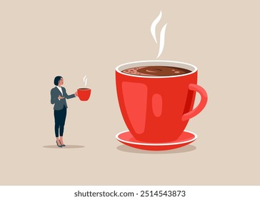 Empresaria toma un descanso para tomar café después de un trabajo complejo y tenso. Ilustración vectorial plana