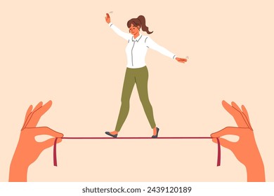 Businesswoman takes risks, walking thin tightrope in hands of employer, demonstrating ability to balance while achieving goal. Successful girl in business clothes shows balance skills