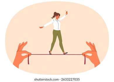 Businesswoman takes risks, walking thin tightrope in hands of employer, demonstrating ability to balance while achieving goal. Successful girl in business clothes shows balance skills