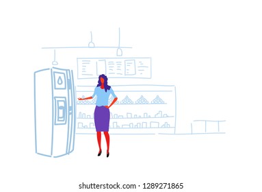 businesswoman taking glass of water from water dispenser girl buying fresh cold beverage big grocery shop modern super market shopping mall interior sketch doodle horizontal