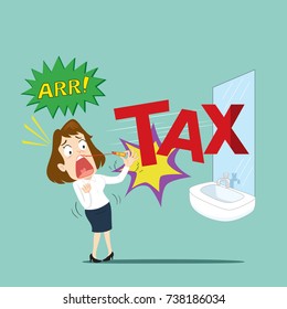 Businesswoman taking a hit by tax, illustration vector cartoon