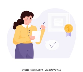Businesswoman taking notes. Modern entrepreneurial activity. Concept of success at work. Career goal achievement for employees. Flat vector illustration in cartoon style