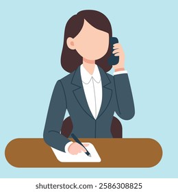 Businesswoman Taking Notes While on a Call – Office Character - Business Cartoon Illustration