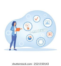 Businesswoman taking part in an online business presentation. Business icons on a computer screen. Online Education concept. Flat vector illustration.