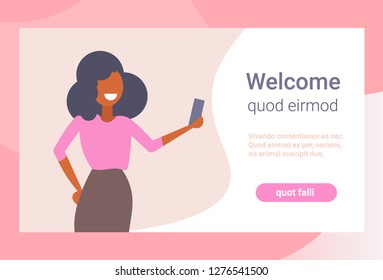 businesswoman taking selfie photo smartphone camera happy business woman using mobile application cartoon character portrait flat isolated copy space