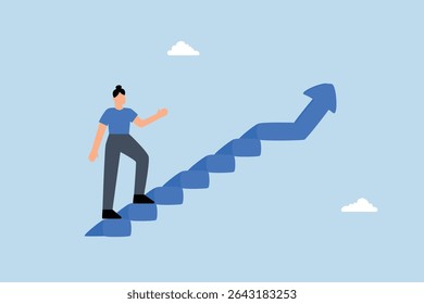 businesswoman taking small step while walking up stairs with arrow pointing up.